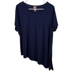 Chico's Asymmetrical Tunic Top Size 2/Lg Navy Blue Short Sleeve Knit Lagenlook